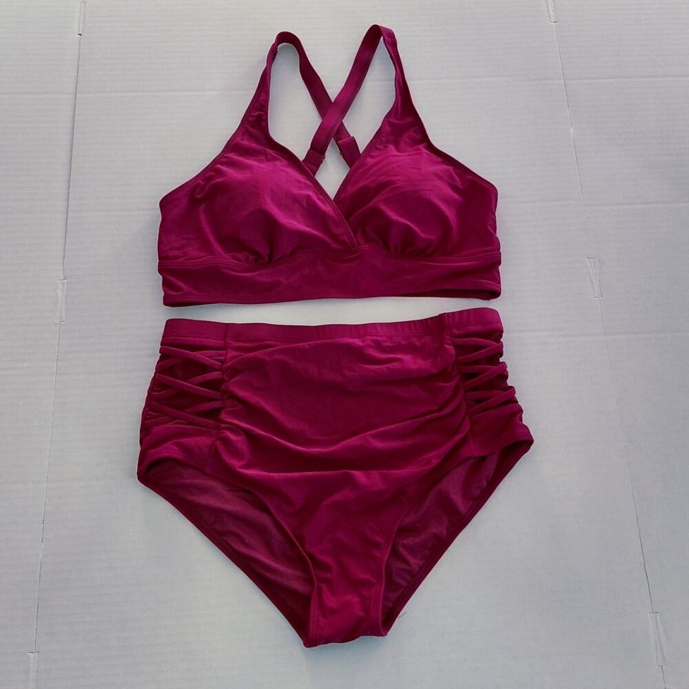 Yonique Womens Swimsuit 14W Burgundy High Waist Bikini Set Beach Vacation Resort